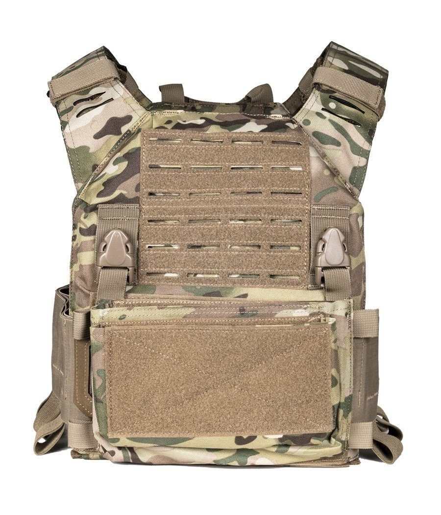 QRF Plate Carrier Full Package, camouflage design, durable 1000D construction, integrated mag pouches.