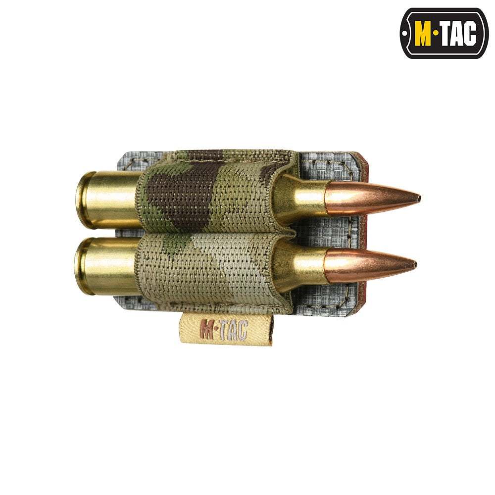 M-Tac 2 Round Bullet Holder for Rifle with elastic webbing, attached to weapon stock or receiver, quick access for precision shooters.