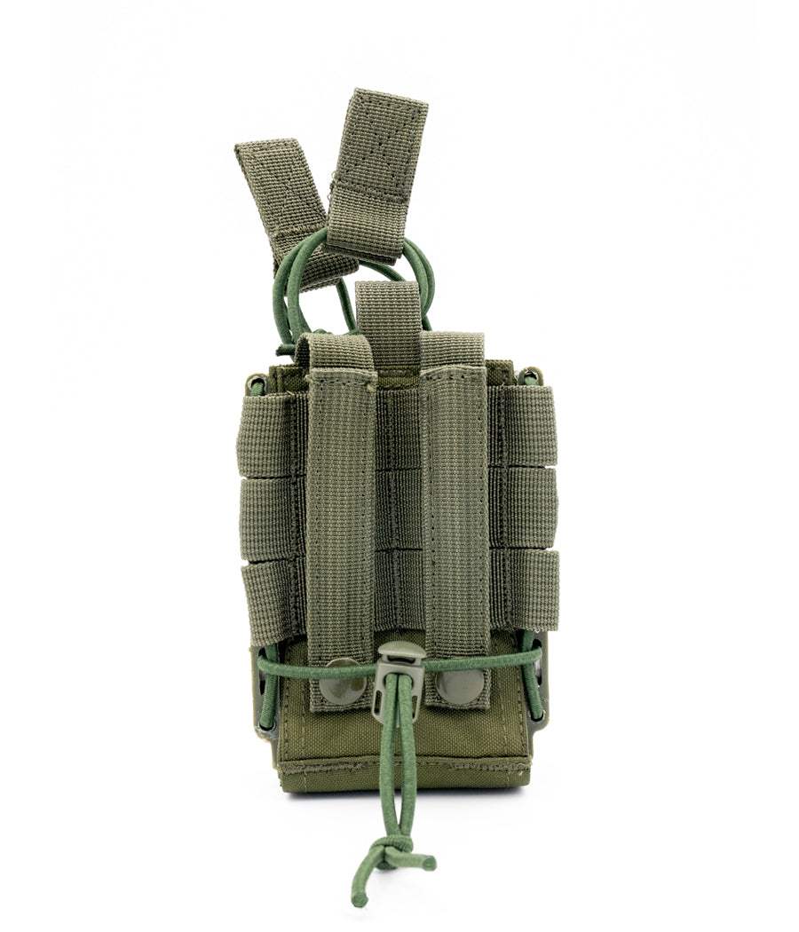 Rapid Access Double AR .223/5.56 & 7.62 Open Top Molle Mag Pouch with elastic shock cords and snap buttons.