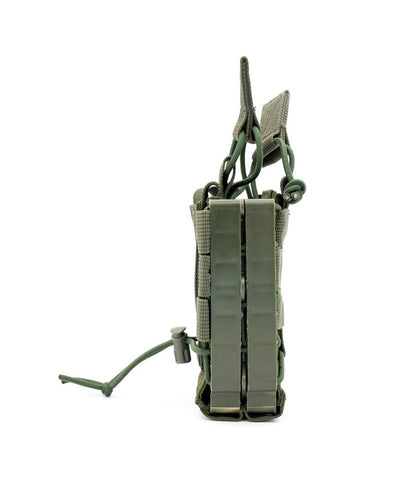 Rapid Access Double AR mag pouch with open top Molle design, side view in green, for AR-15 magazines.