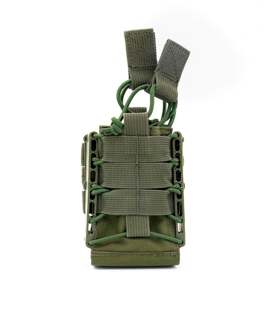 Rapid Access Double AR Molle Mag Pouch for .223/5.56 & 7.62 magazines with elastic shock cords and polymer frame.