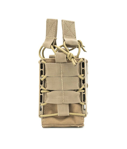 Rapid Access Double AR Molle Mag Pouch in tan color with adjustable elastic shock cords and durable 1000D Cordura fabric.