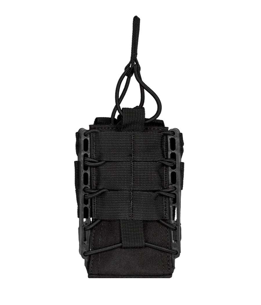 Rapid Access Single AR mag pouch with open top Molle design, black color.