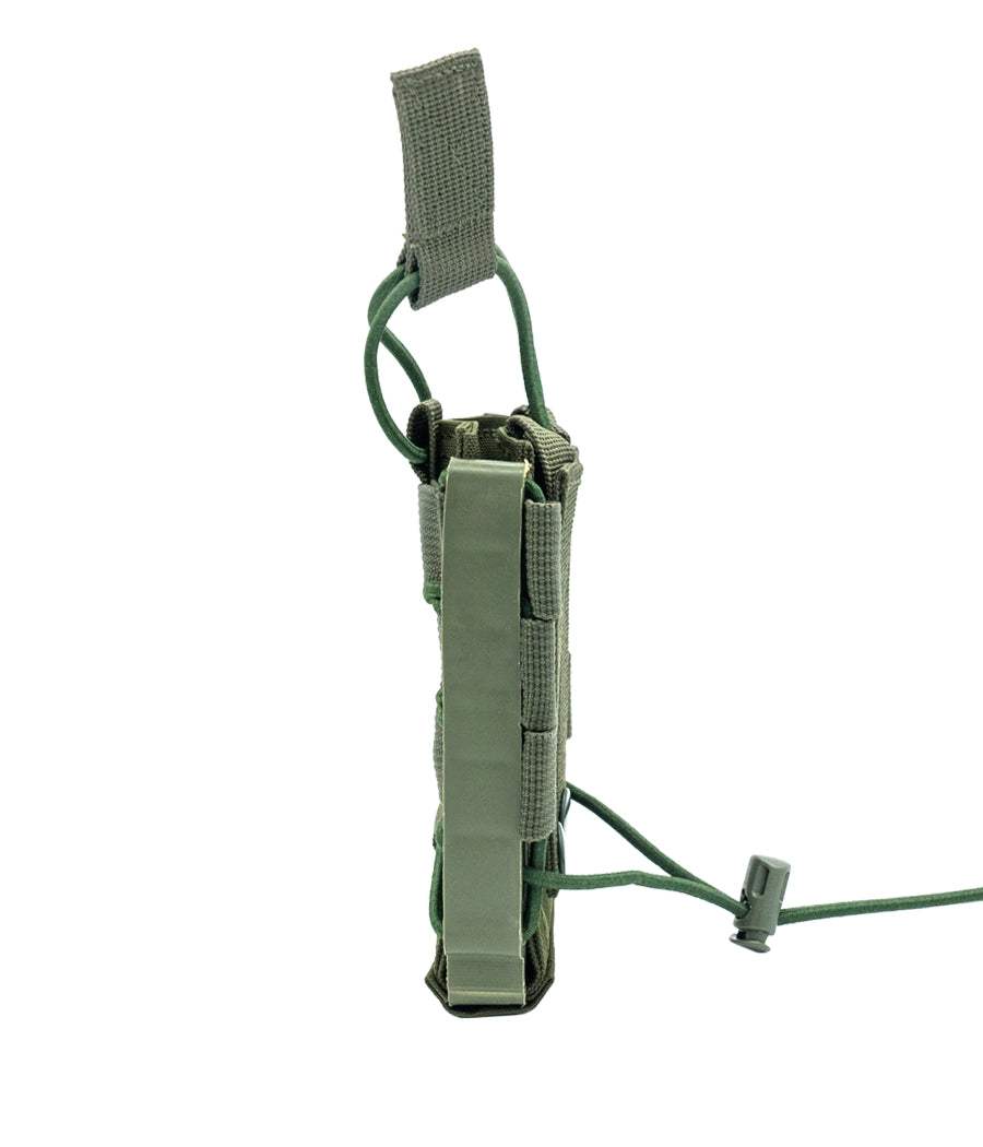 Rapid Access Single AR magazine pouch in green with adjustable elastic cords and Molle attachment.