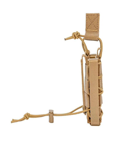 Tactical single pistol Molle mag pouch with open top design and elastic shock cords.