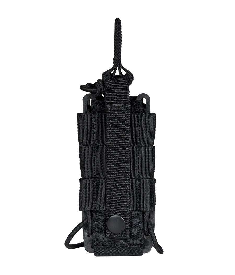 Rapid Access Single Pistol Open Top Molle Mag Pouch with elastic shock cord and polymer frame, black.