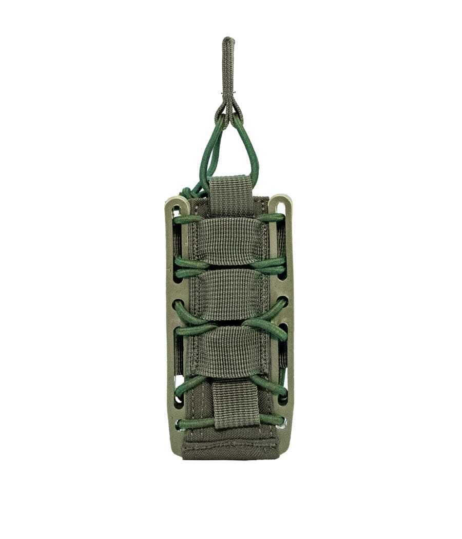 Rapid Access Single Pistol Open Top Molle Mag Pouch with elastic shock cord and polymer frame, green color.