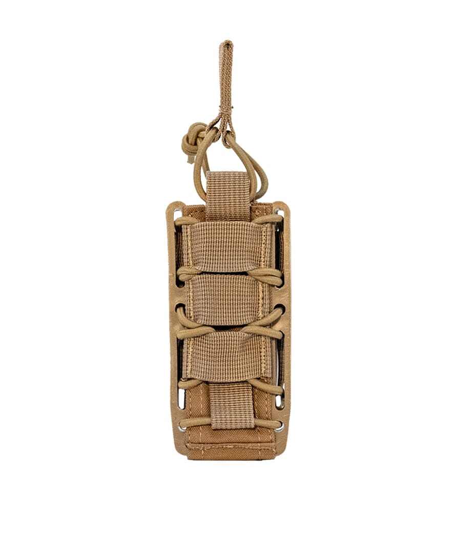 Rapid Access Single Pistol Open Top Molle Mag Pouch with elastic shock cord and polymer frame, holds one pistol magazine.