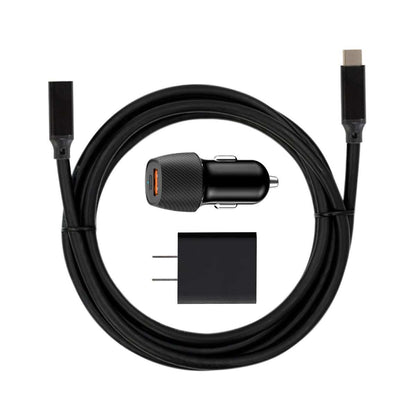 Accessories for the Zen Portable Heated Blanket, including a charging cable and adapters.