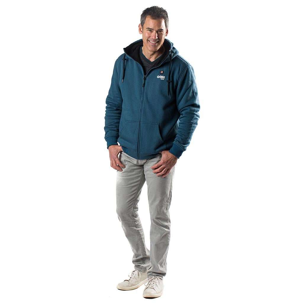 Ridge Mens Heated Hoodie with conductive thread heating technology, adjustable hood, in blue color.