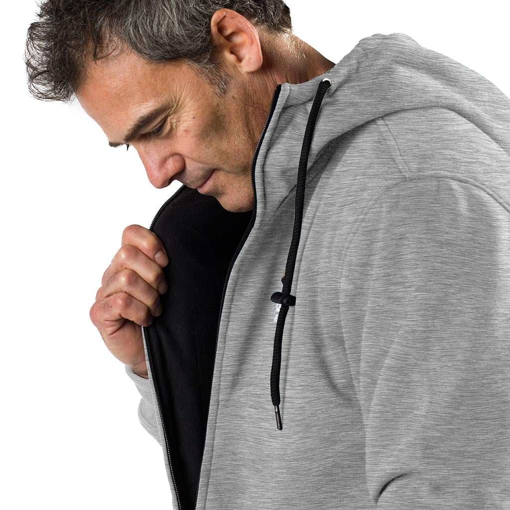 Ridge Mens Heated Hoodie with adjustable hood and conductive thread heating technology.