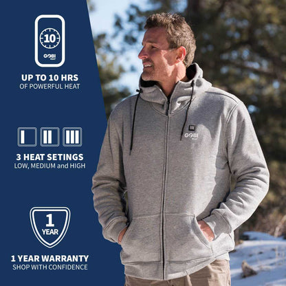 Ridge Mens Heated Hoodie with conductive thread heating, 10-hour battery, adjustable hood, and full-zip design.