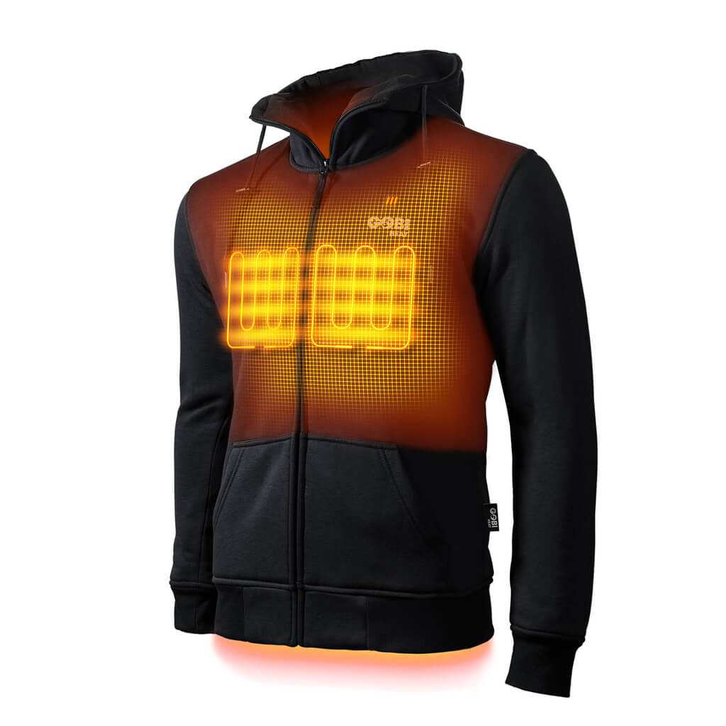 Ridge Mens Heated Hoodie with conductive thread heating technology, black design, front and back heating zones.