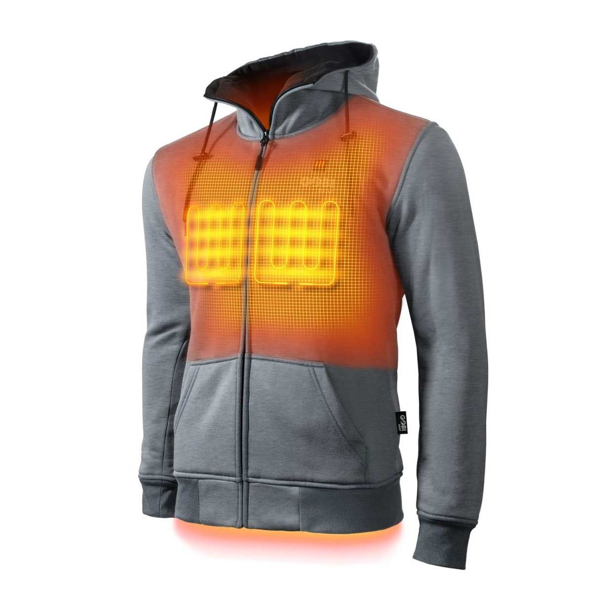 Ridge Mens Heated Hoodie with conductive thread heating and adjustable hood.