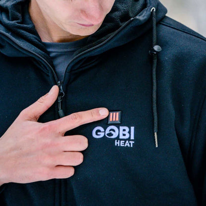 Ridge Mens Heated Hoodie with conductive thread heating technology, full-zip design, and GOBI Heat logo.