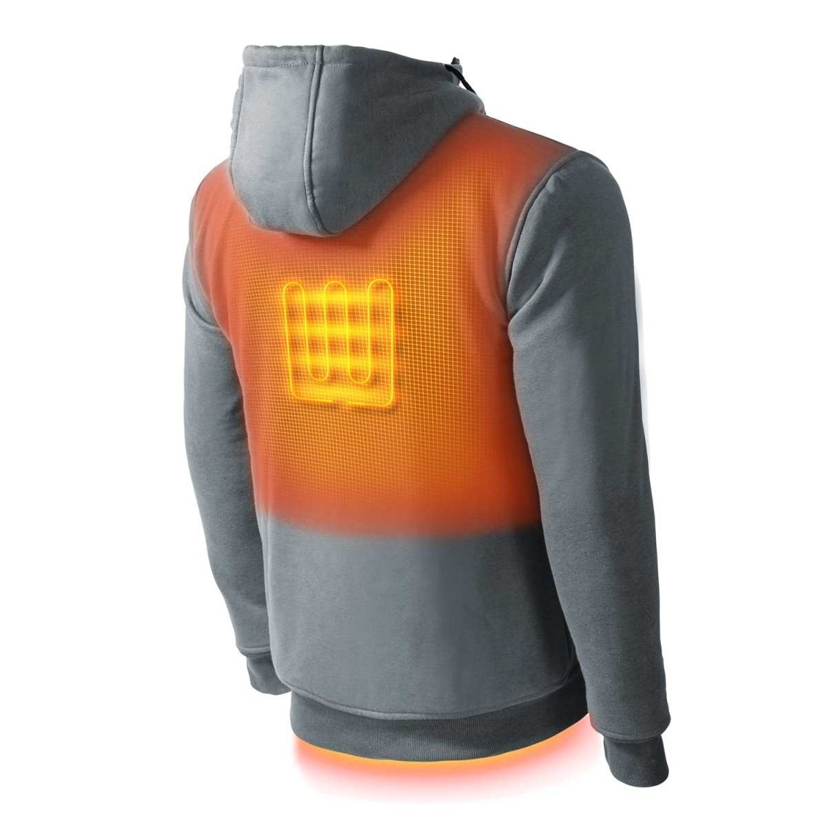 Ridge Mens Heated Hoodie with conductive thread heating technology, featuring adjustable hood and durable fabric.