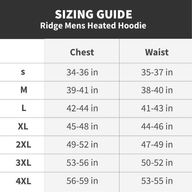 Sizing guide for Ridge Mens Heated Hoodie, detailing chest and waist measurements from S to 4XL.