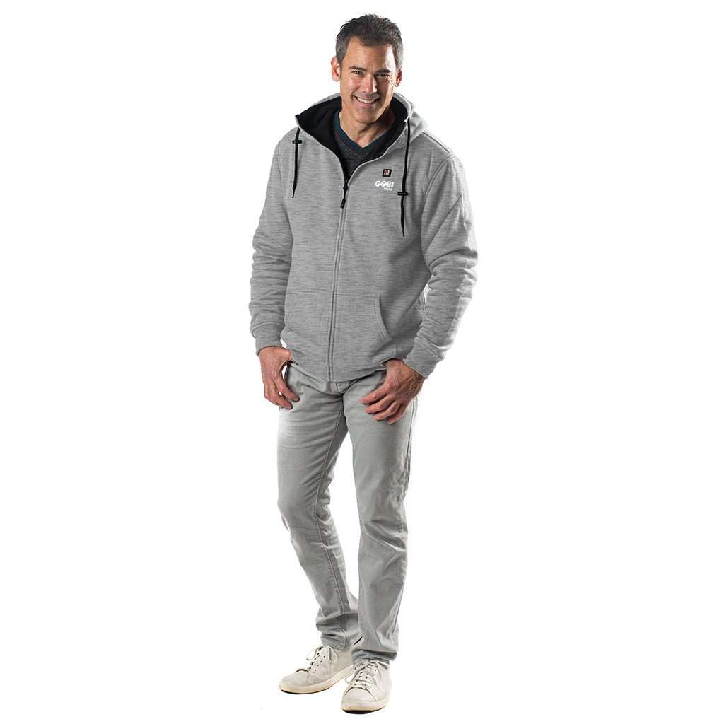 Ridge Mens Heated Hoodie with adjustable hood, conductive heating technology, and full-zip design.