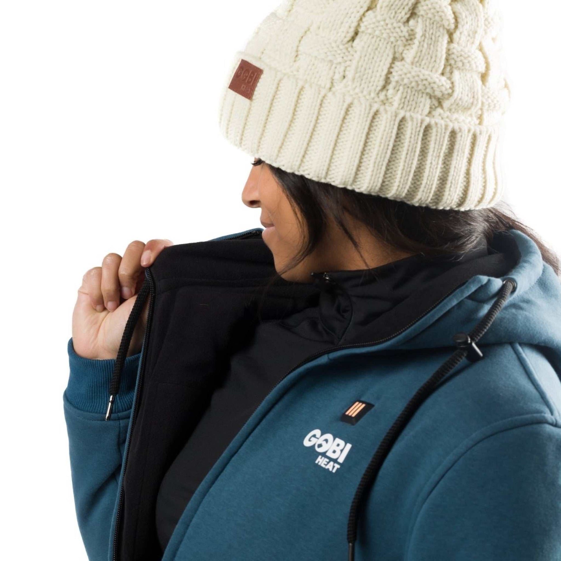 Ridge Womens Heated Hoodie with conductive thread heating, 7.4V battery, and full-zip design.