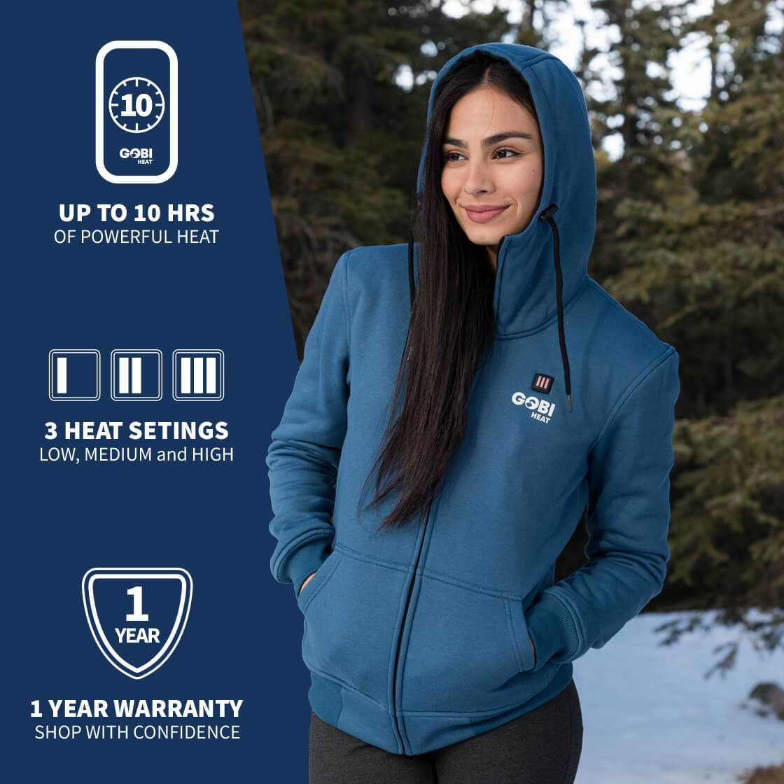 Ridge Womens Heated Hoodie with conductive thread heating technology, 10-hour battery life, and 3 heat settings.