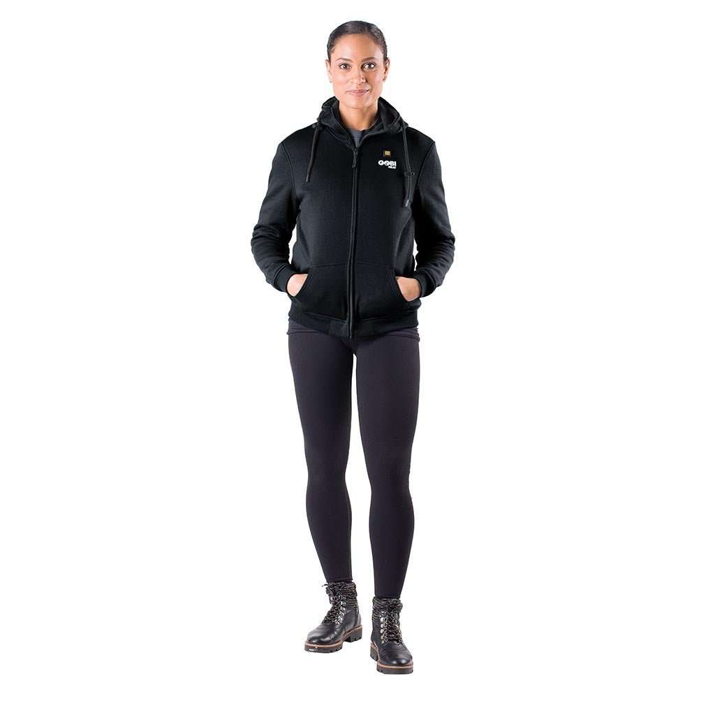 Ridge Womens Heated Hoodie, black, conductive thread heating technology, front and back heating zones, cinchable hood.