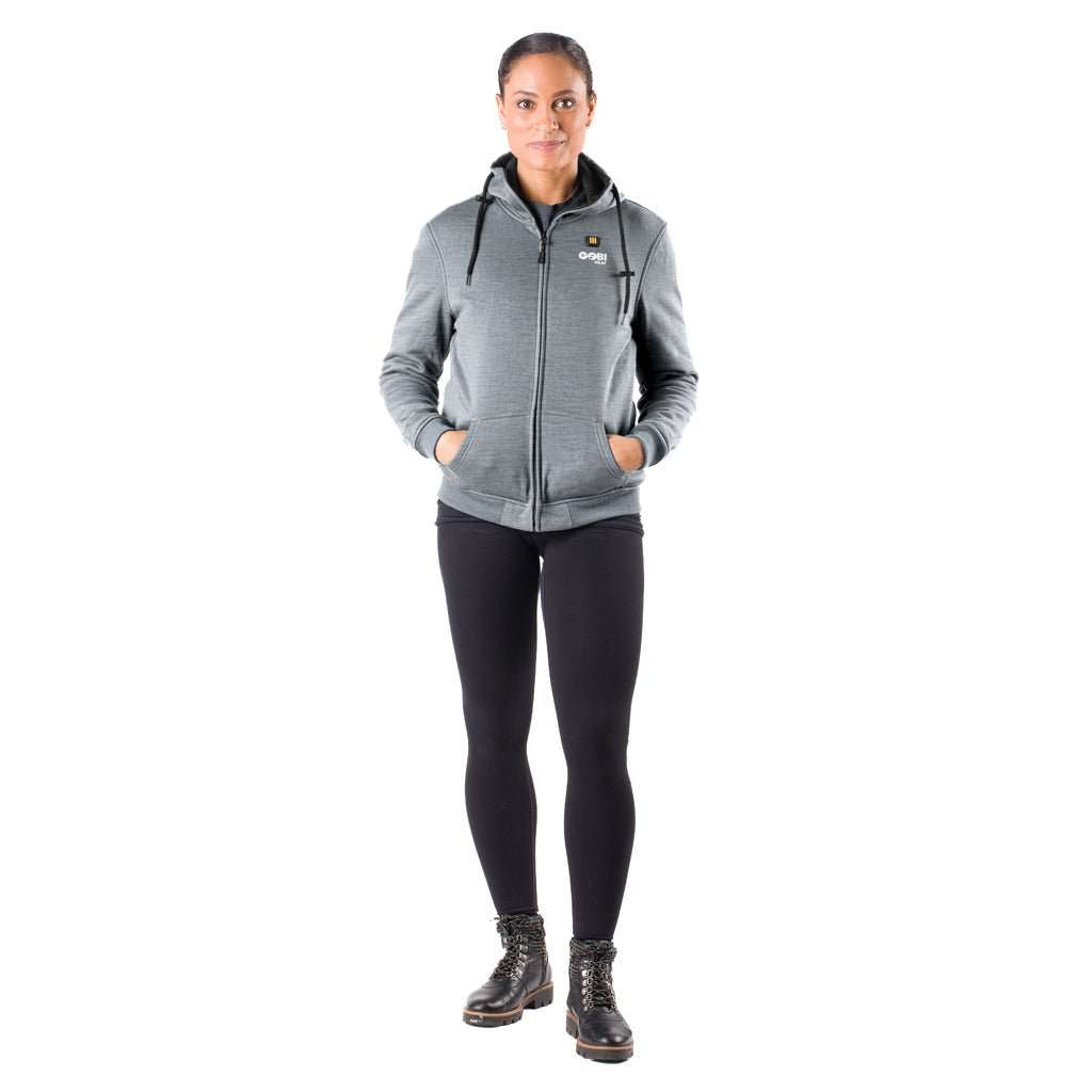 Ridge Womens Heated Hoodie with conductive thread heating technology, full-zip design.