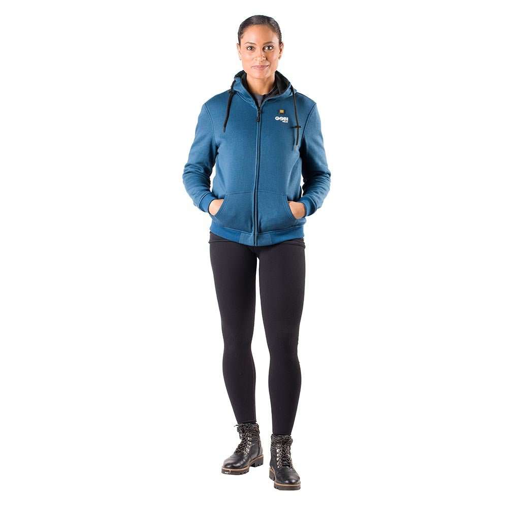 Ridge Womens Heated Hoodie with conductive thread heating technology in blue, full-zip design.