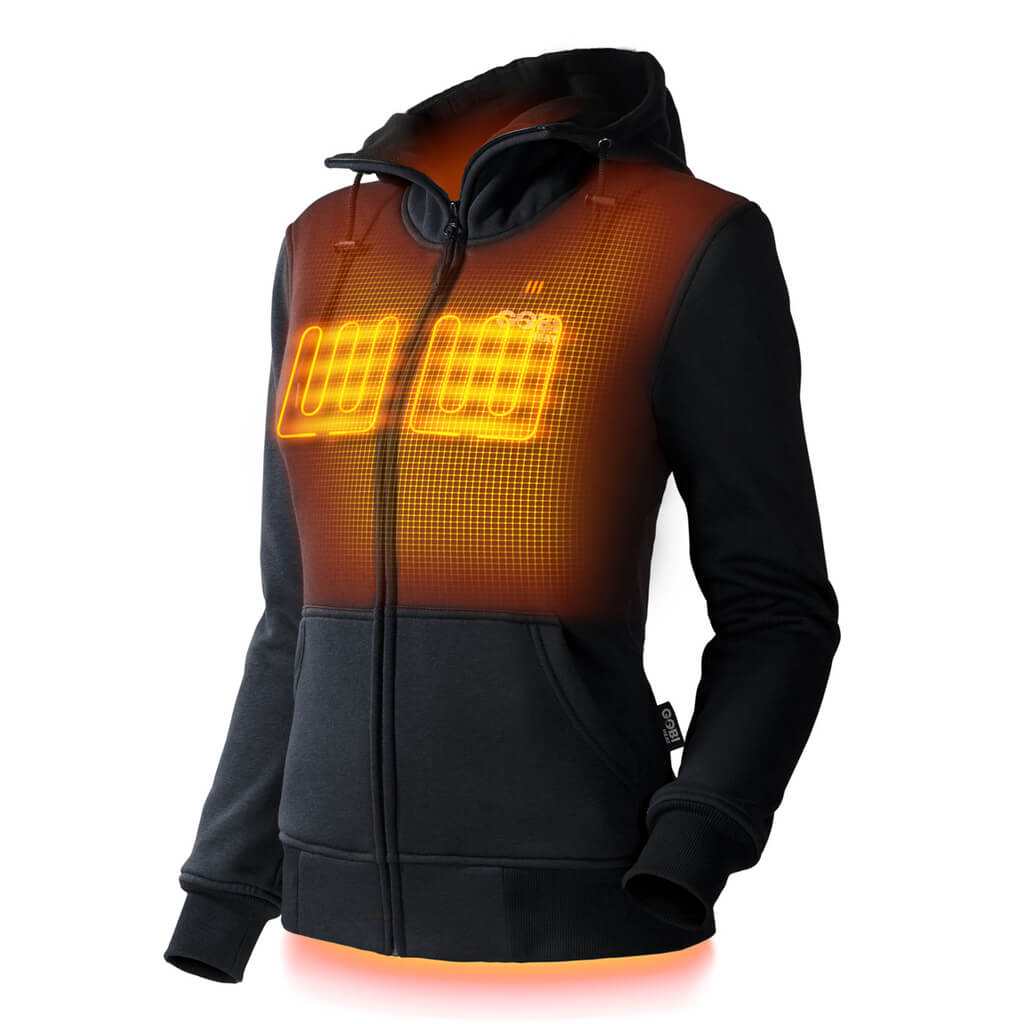 Ridge Womens Heated Hoodie with conductive thread heating, black full-zip design.