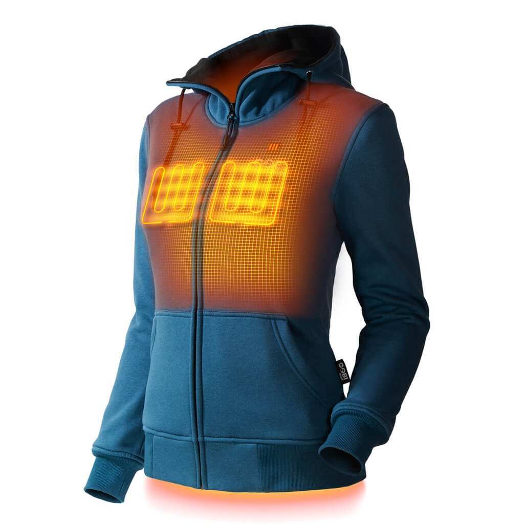 Ridge Womens Heated Hoodie with conductive thread heating technology, blue full-zip design.