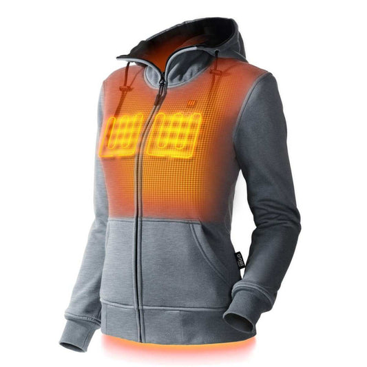 Ridge Womens Heated Hoodie with conductive thread heating, 7.4V battery, and front and back heating zones.