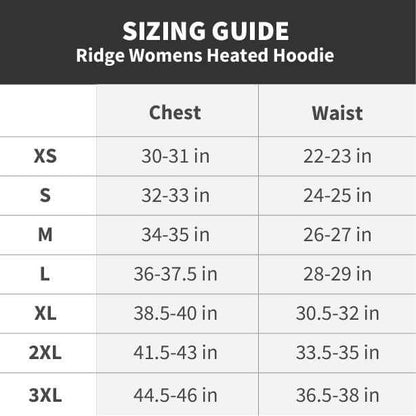 Sizing guide for Ridge Womens Heated Hoodie, available in XS to 3XL with chest and waist measurements.