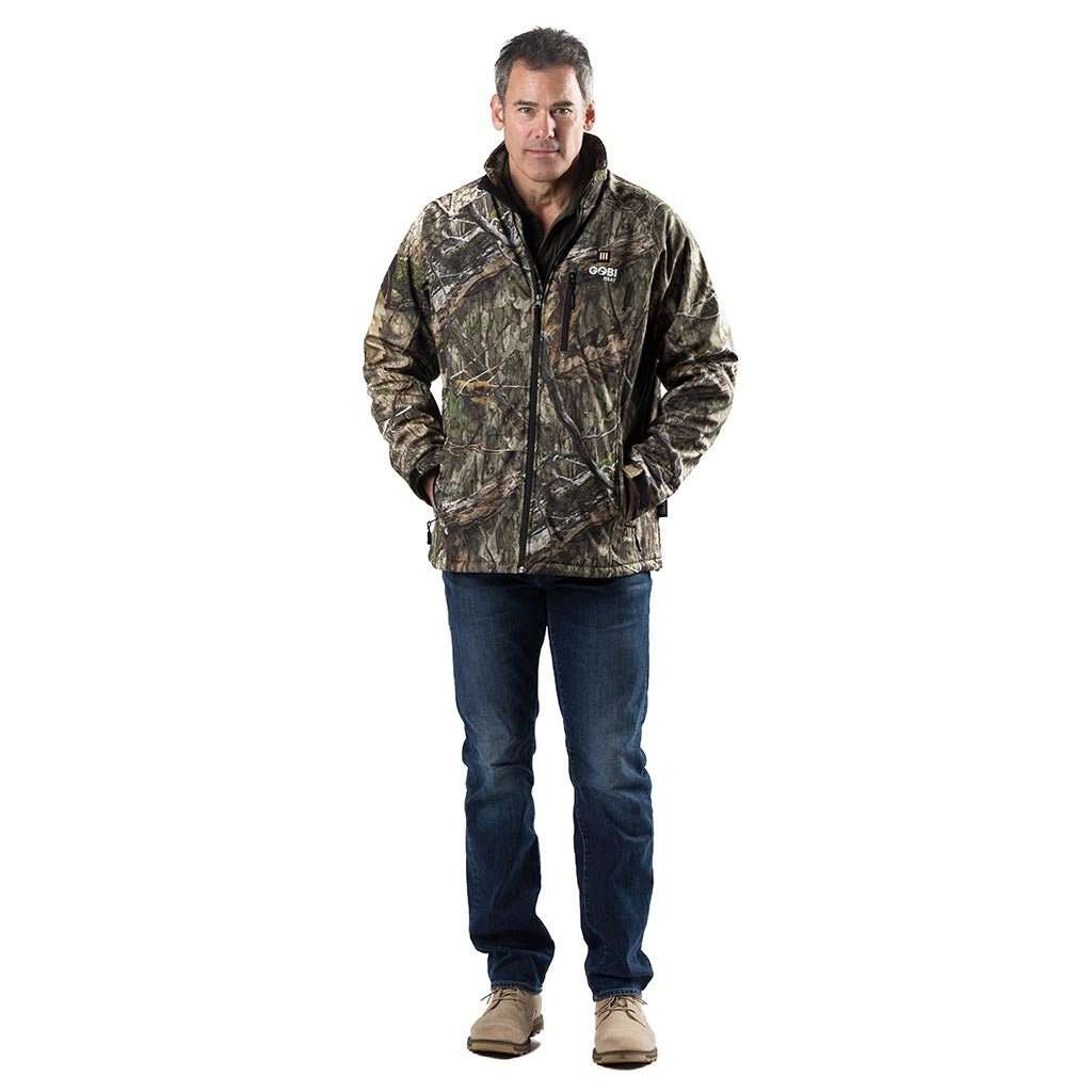 Sahara Heated Hunting Jacket in Mossy Oak Camo with three heat zones, wind and water resistance.