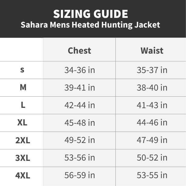 Sizing guide for Sahara Men's Heated Hunting Jacket, Mossy Oak Camo, with chest and waist measurements.