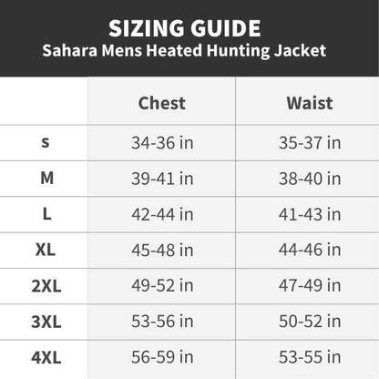 Sizing guide for Sahara Men's Heated Hunting Jacket, Mossy Oak Camo, with chest and waist measurements.