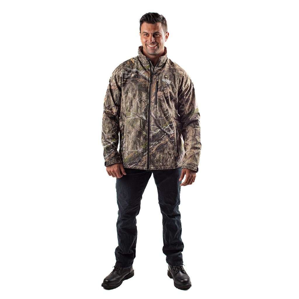 Sahara Heated Hunting Jacket in Mossy Oak Camo with adjustable heat settings.