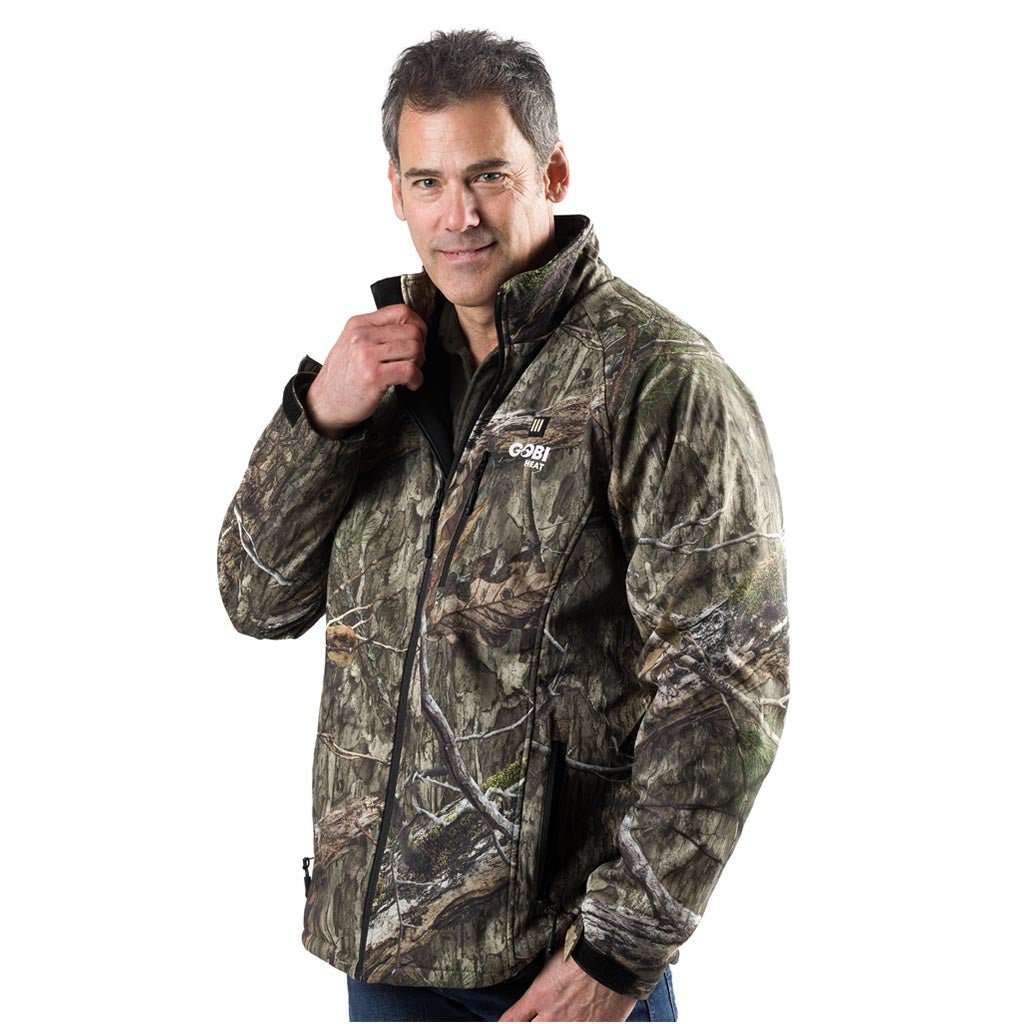 Mossy Oak camo heated hunting jacket with adjustable temperature settings.