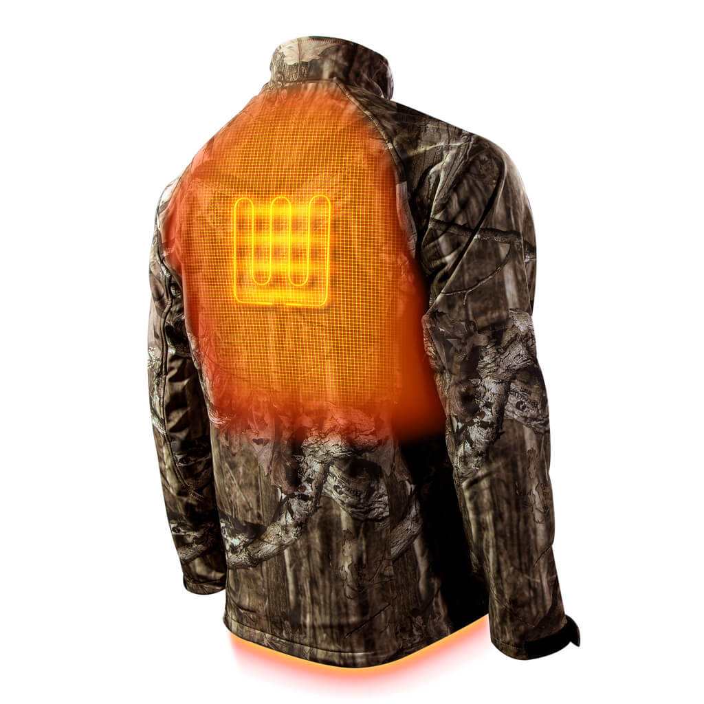 Sahara Heated Hunting Jacket in Mossy Oak Camo with wind, water-resistant soft-shell, and adjustable heat zones.