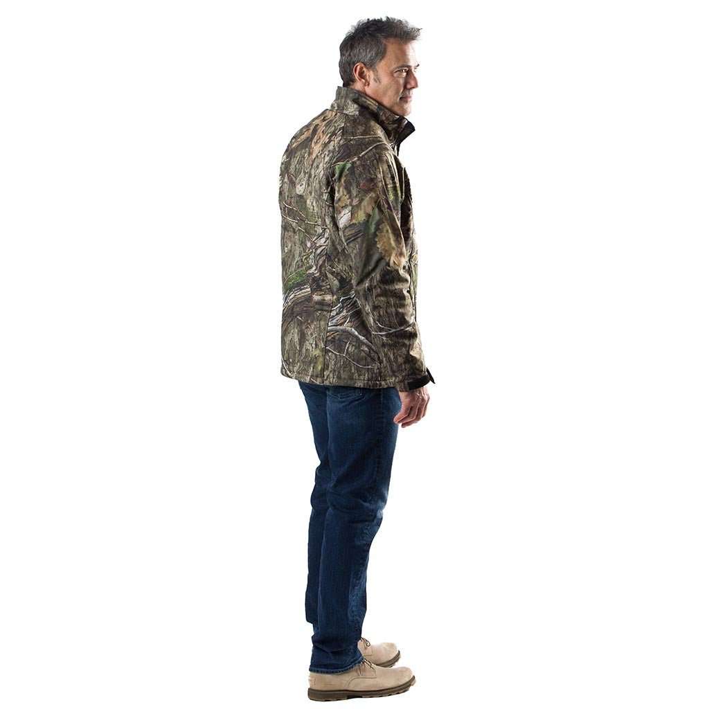 Sahara Heated Hunting Jacket in Mossy Oak Camo pattern, featuring wind and water resistance with adjustable heat settings.