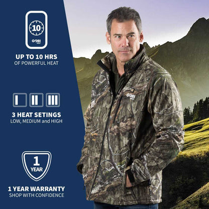 Sahara Heated Hunting Jacket in Mossy Oak Camo with adjustable heat settings and three heat zones.