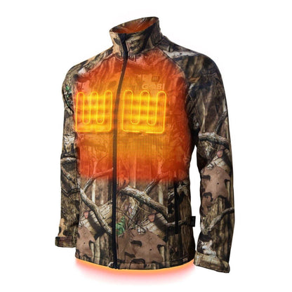 Sahara Heated Hunting Jacket in Mossy Oak Camo with adjustable temperature settings and three heat zones.