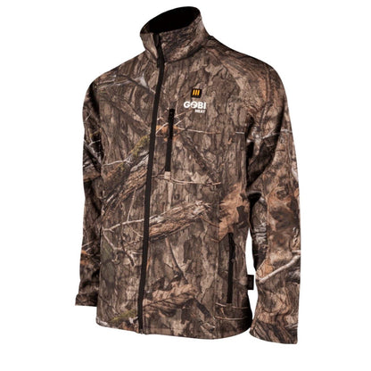 Sahara Heated Hunting Jacket in Mossy Oak Camo with adjustable heat settings and weather resistance.