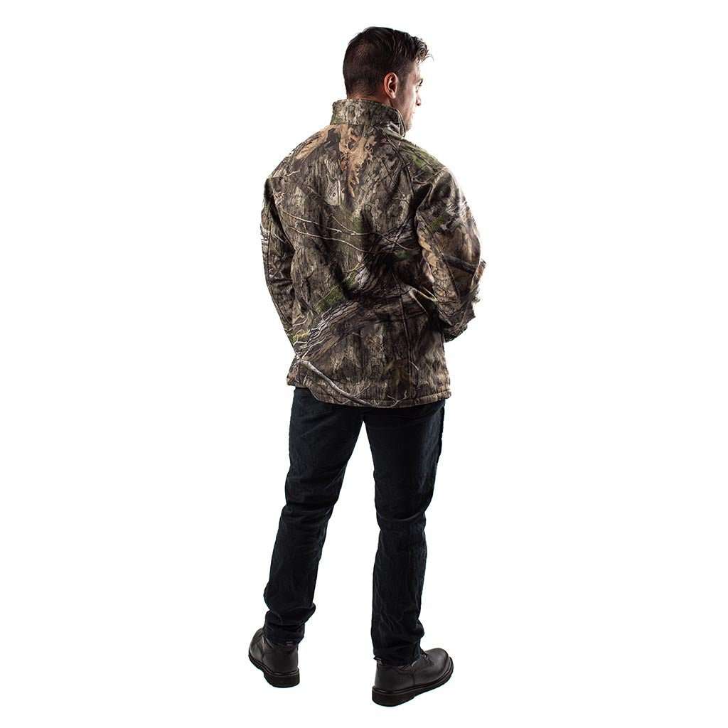 Sahara Heated Hunting Jacket in Mossy Oak Camo with three heat zones.