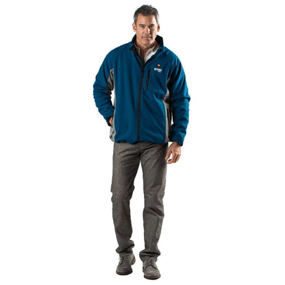 Sahara Mens Heated Jacket, versatile soft-shell, wind and water resistant, three heat settings, chest and back heat zones.