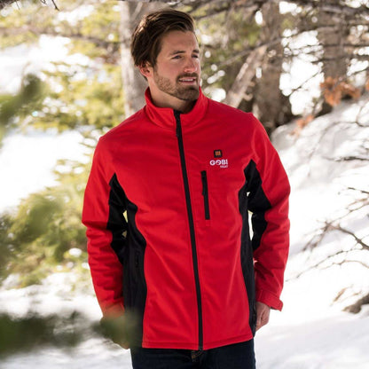 Sahara Mens Heated Jacket in red, wind and water-resistant, featuring three heat settings and zones for warmth and comfort.