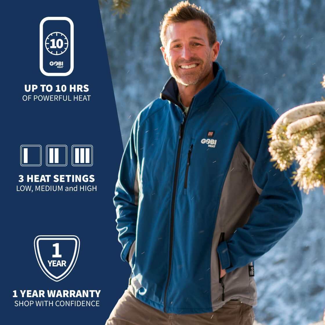 Sahara Mens Heated Jacket with three heat settings and zones, wind and water-resistant.