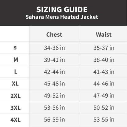 Sahara Mens Heated Jacket sizing guide with chest and waist measurements for sizes S to 4XL.