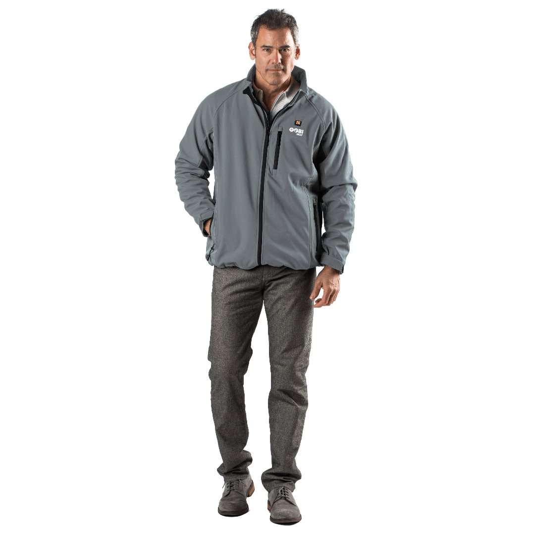 Sahara Mens Heated Jacket, wind and water-resistant, three heat settings, versatile soft-shell design.