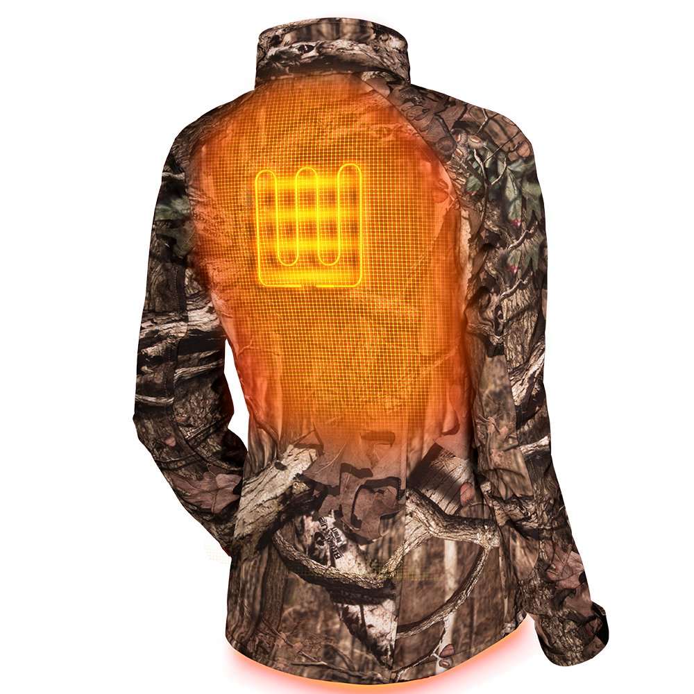 Sahara Women's Heated Hunting Jacket in Mossy Oak Camo with three heat zones and settings.