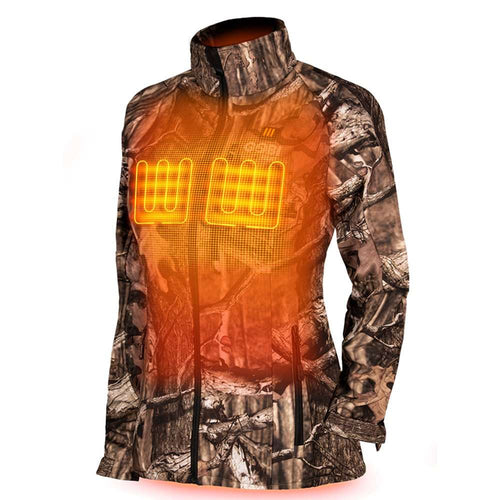 Sahara Women's Heated Hunting Jacket in Mossy Oak Camo with three adjustable heat zones.