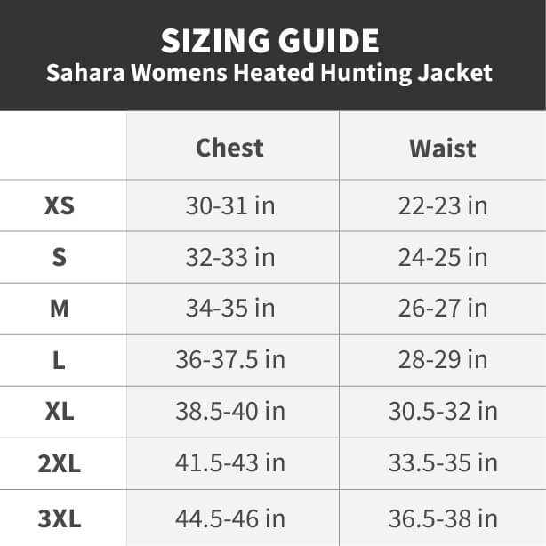 Sizing guide for Sahara Women's Heated Hunting Jacket in Mossy Oak Camo.